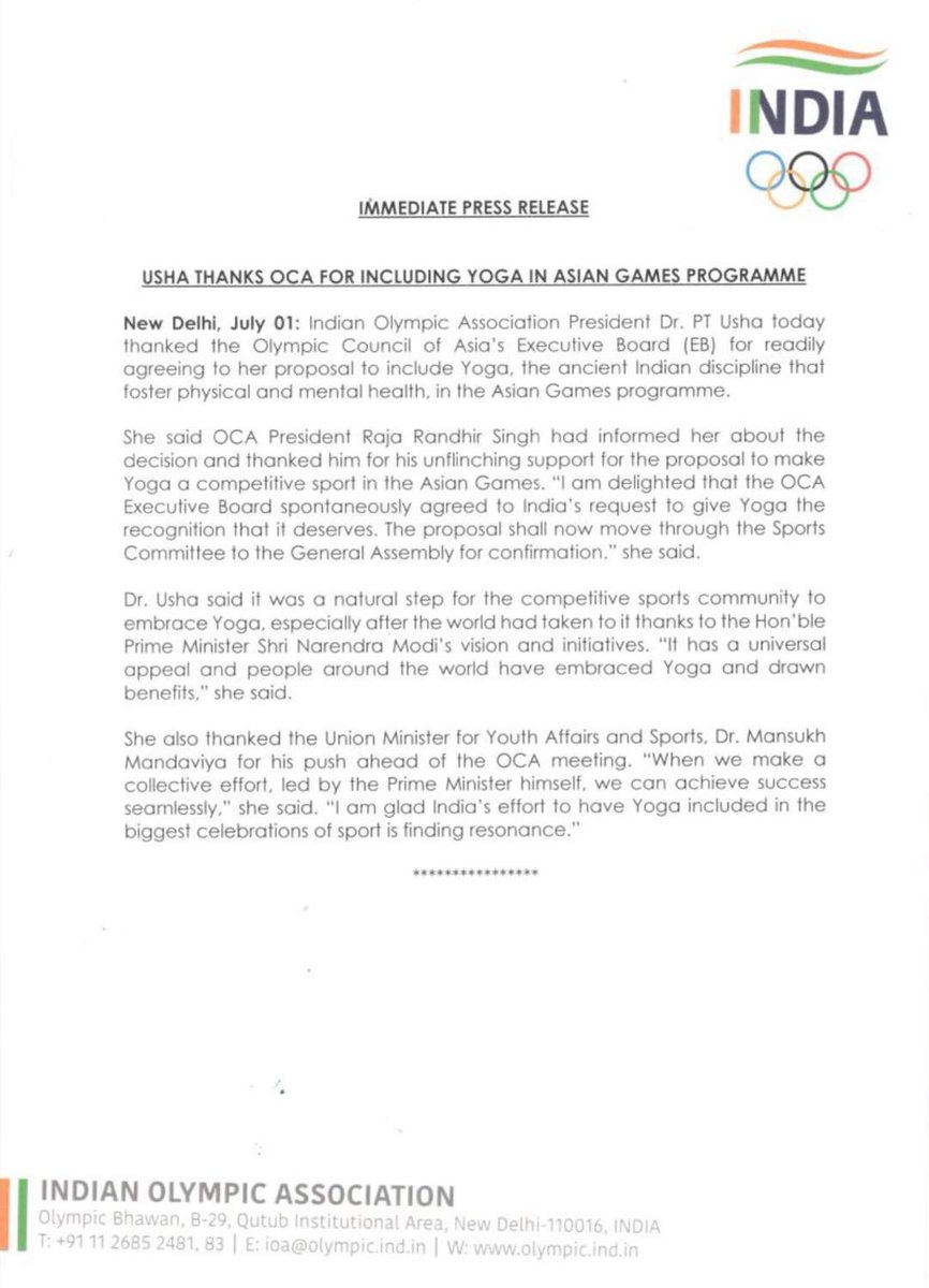 Finally, with the inclusion of yoga in the Asian Games, we have reached another milestone in our goal of reaching the Olympic.
<a href="/DrManikSaha2/">Prof.(Dr.) Manik Saha</a> <a href="/tripura_cmo/">CMO Tripura</a> <a href="/tinkuroybjp/">Tinku Roy (Modi ka Parivar)</a> <a href="/DrJaideepArya/">Dr Jaideep Arya जयदीप आर्य</a> <a href="/yogasanabharat/">Yogasana Bharat</a> <a href="/iPankajMajumder/">PANKAJ MAJUMDER</a> <a href="/world_yogasana/">World Yogasana official Account</a>