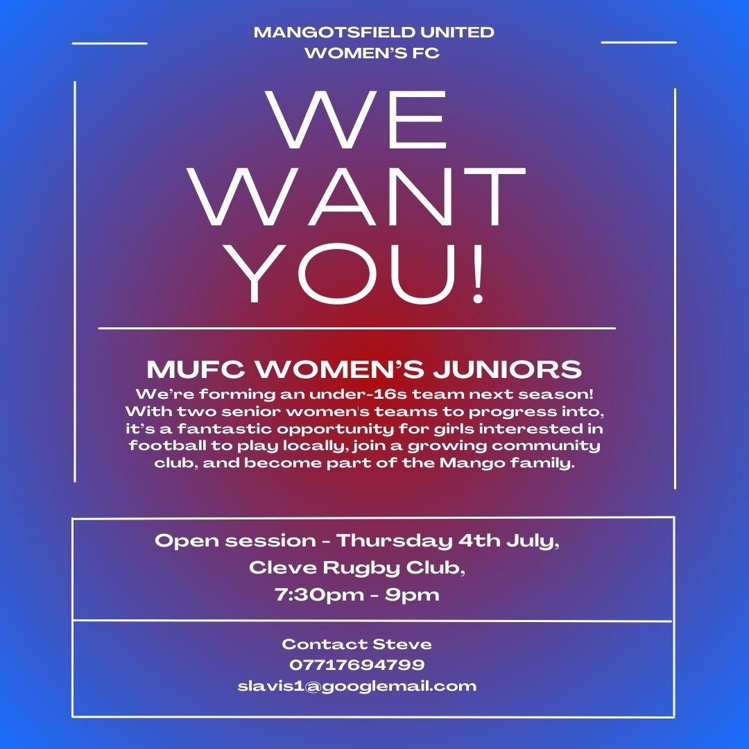 🚨Playing opportunity🚨

Forming an U16s team next season! Great chance for girls to play locally and join our community club. Open session: July 4th, 7:30-9pm @ Cleve Rugby Club.

Interested? Fill out the form:

docs.google.com/forms/d/e/1FAI…

#MUFCW #Football #JoinUs