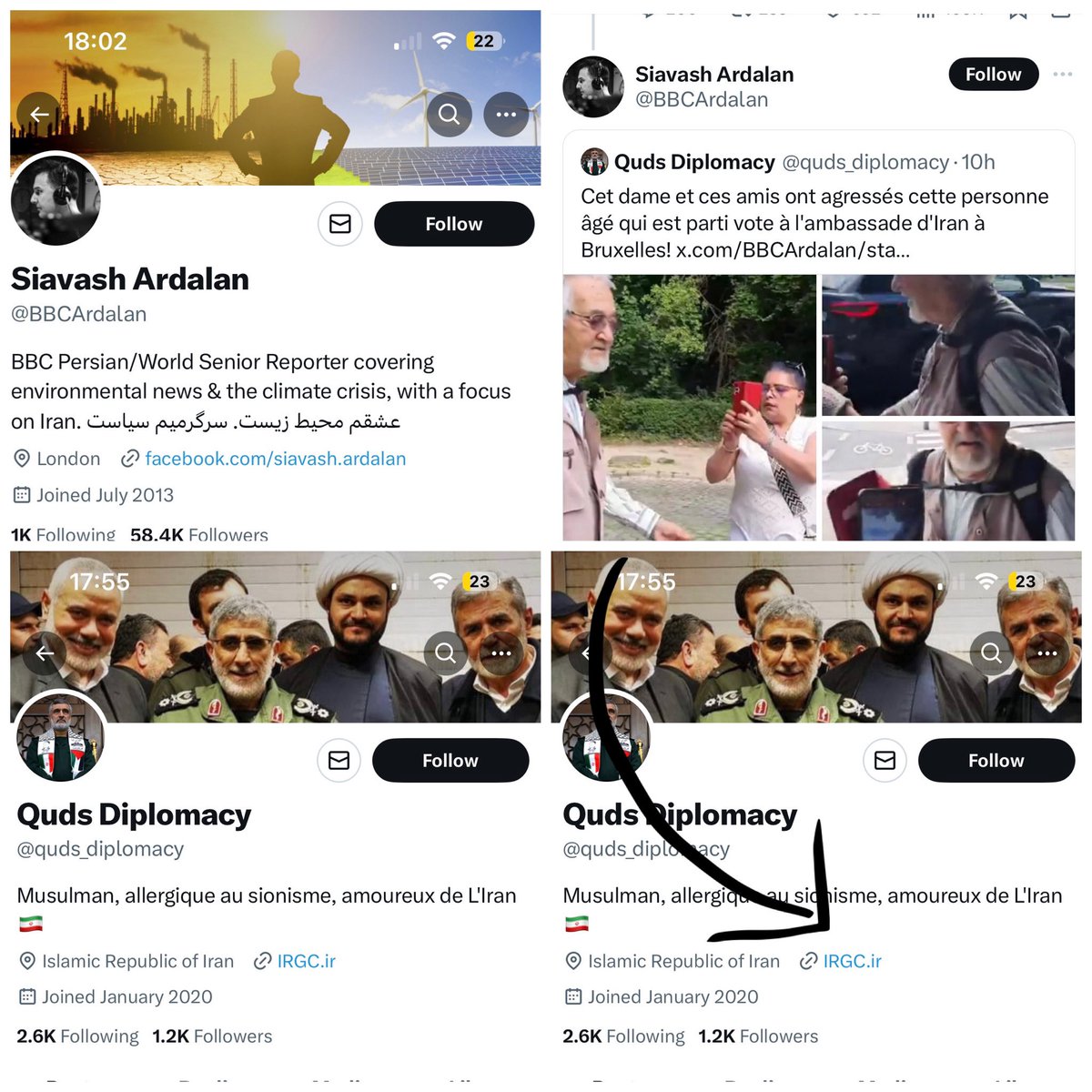 Are <a href="/bbcworldservice/">BBC World Service</a> <a href="/bbcpersian/">BBC NEWS فارسی</a> ok with one of their reporters reposting an account called ‘Quds Diplomacy’ with a header photo of terrorists and a link to to the IRGC website?