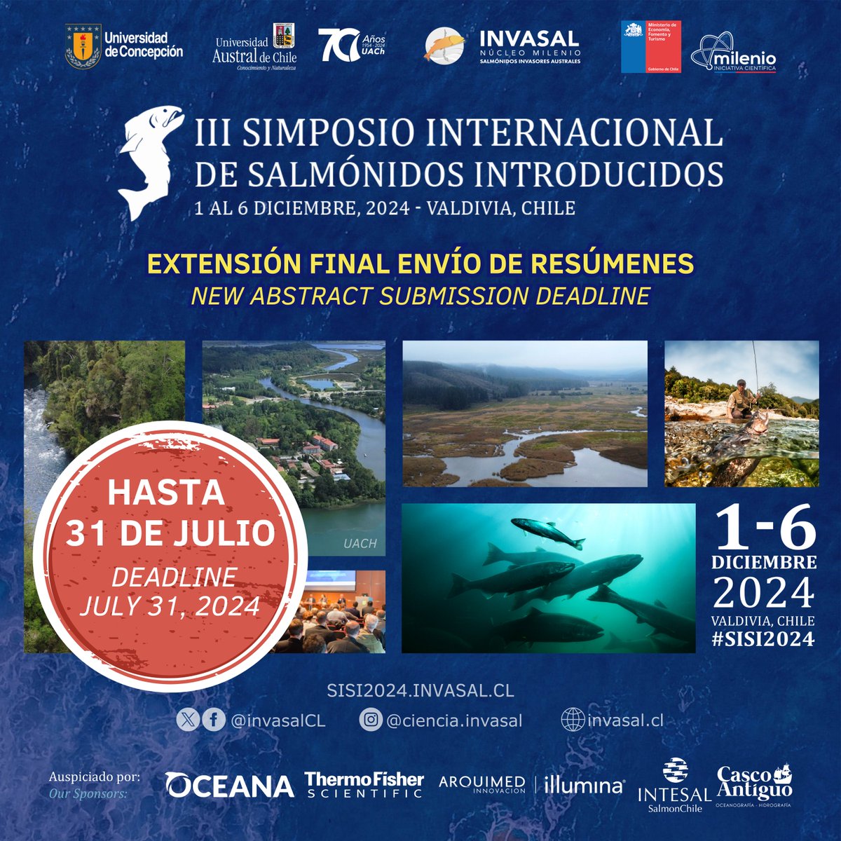 invasalCL's tweet image. #SISI2024
💥Extended deadline to submit abstracts to the III International Symposium on Introduced Salmonids #SISI2024 !!!!
Deadline: July 31!!!!
@EvaThorstad @BerndHaenfling @Timaukel @GomezUchida @plecoptero @paulybc @clquezadar @canalesaguirre