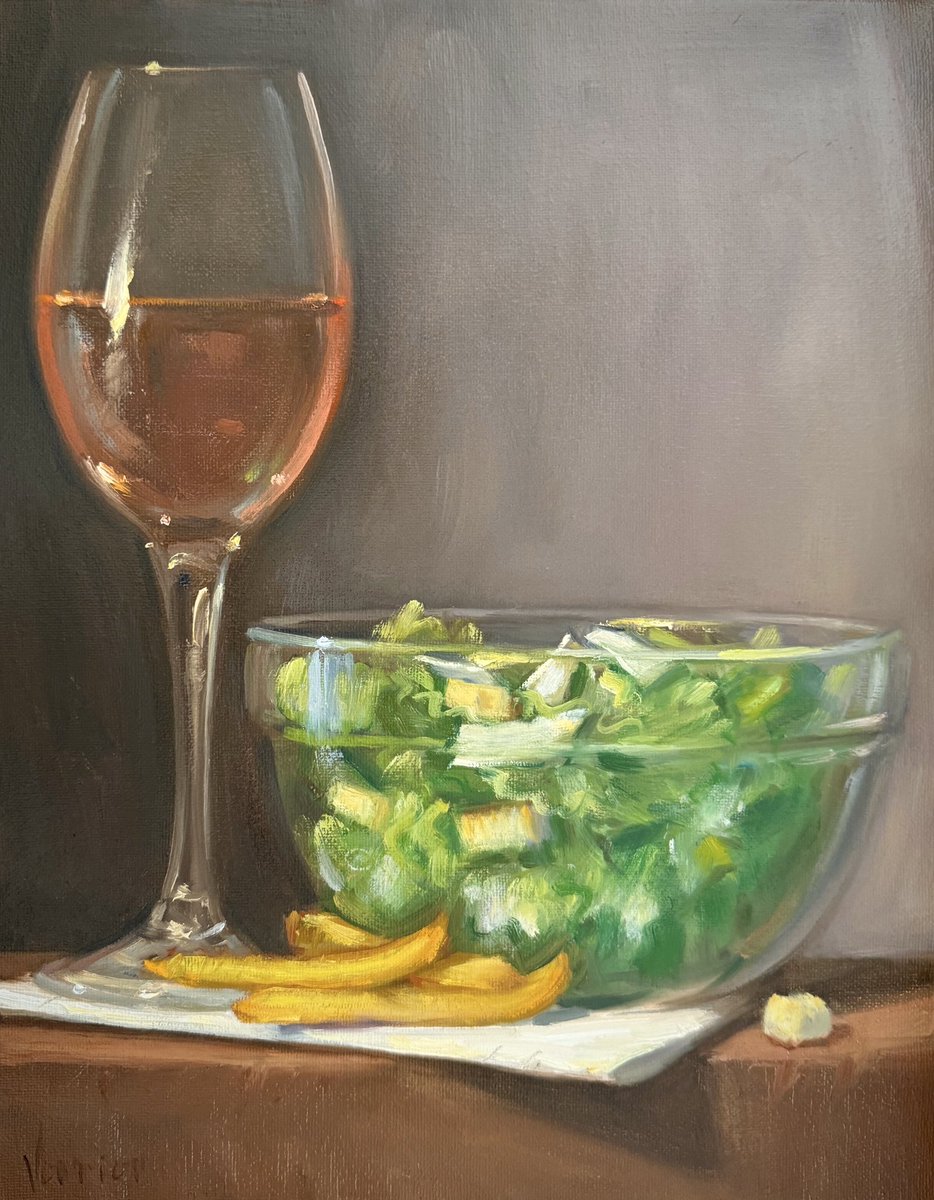 My oil painting of Wine Caesar Salad and Fries