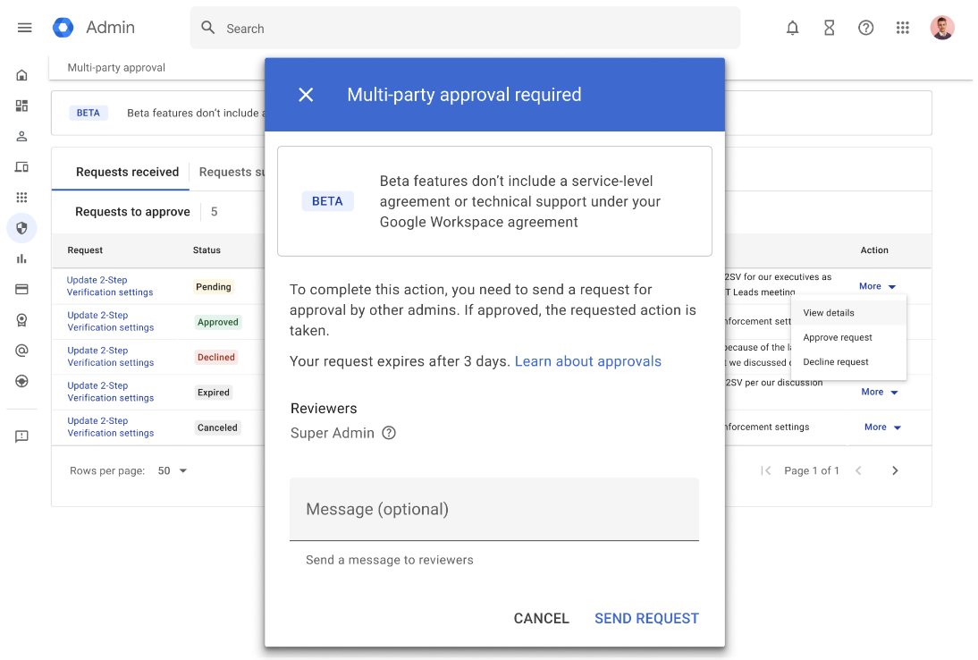 GoogleForEdu's tweet image. Protect your school's data more proactively! 🔐 Introducing multi-party approval, providing an extra layer of security by requiring #GoogleAdmins to get the nod from an additional admin before making any critical changes. See how it works: goo.gle/4cjO0SX