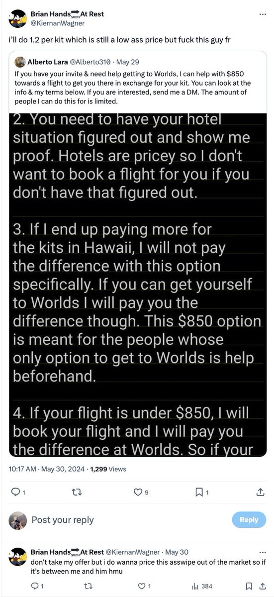 Alberto Lara (@alberto310) on Twitter photo Hey <a href="/KiernanWagner/">Kiernan Wagner</a> this person needs help getting to Worlds, why'd you delete your post shitting on me a month ago? 🤣
Come on, Worlds kits are worth $2,000 guaranteed, you should step up and help out with $1,200 upfront like you said in your post 🤔 Hey <a href="/KiernanWagner/">Kiernan Wagner</a> this person needs help getting to Worlds, why'd you delete your post shitting on me a month ago? 🤣
Come on, Worlds kits are worth $2,000 guaranteed, you should step up and help out with $1,200 upfront like you said in your post 🤔