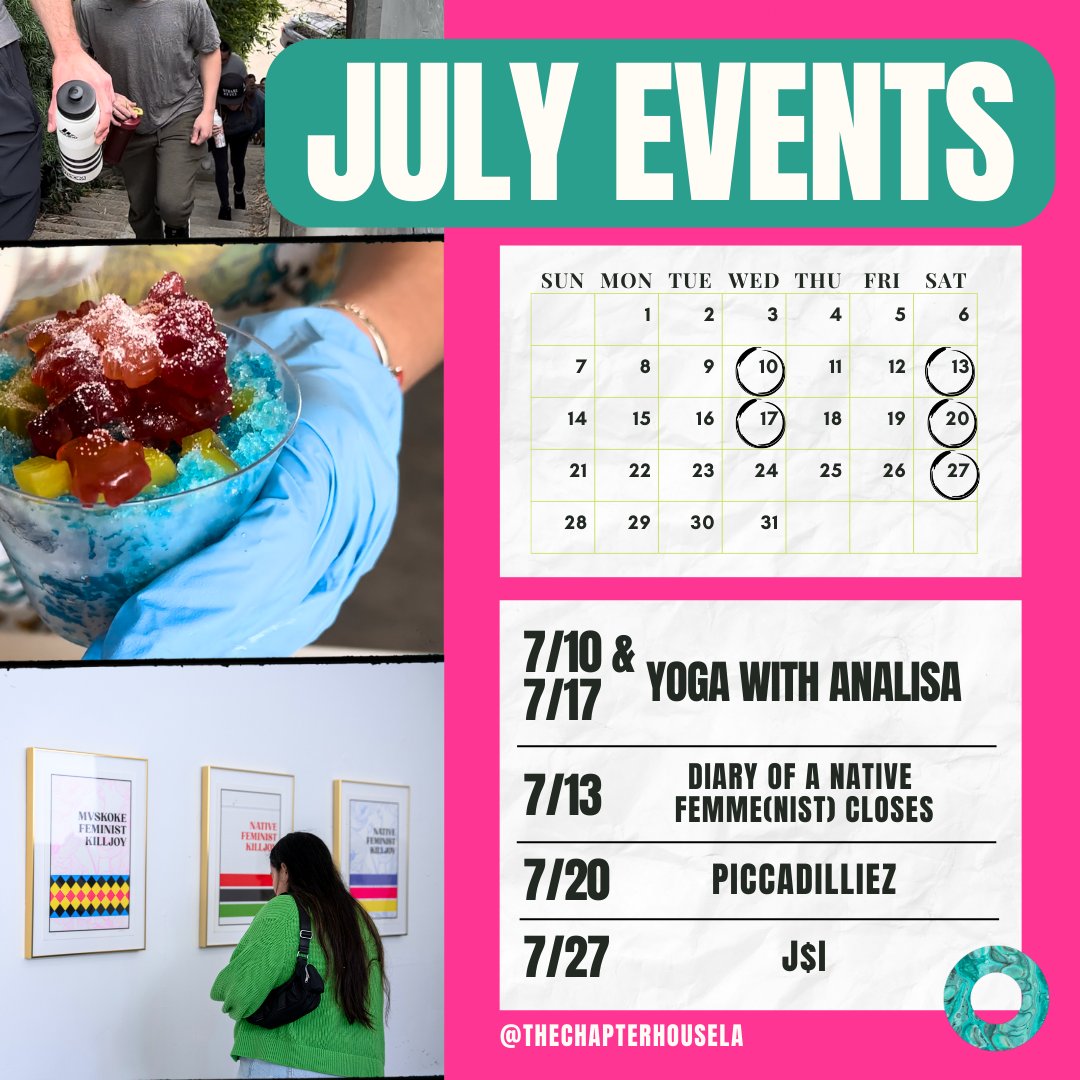 😎Check out TCH’s FREE July events! 

7/10 &amp; 7/17 - Yoga with Analisa
7/13 - DoaNF Closes
7/20 - Piccadilliez
7/27 - J$I

#TCH #TheChapterHouse #TheChapterHouseLA #EchoPark #TongvaTerritory #LAnonprofit #IndigenousNonprofit #NativeNonprofit #DoaNF #KimberlyRobertson