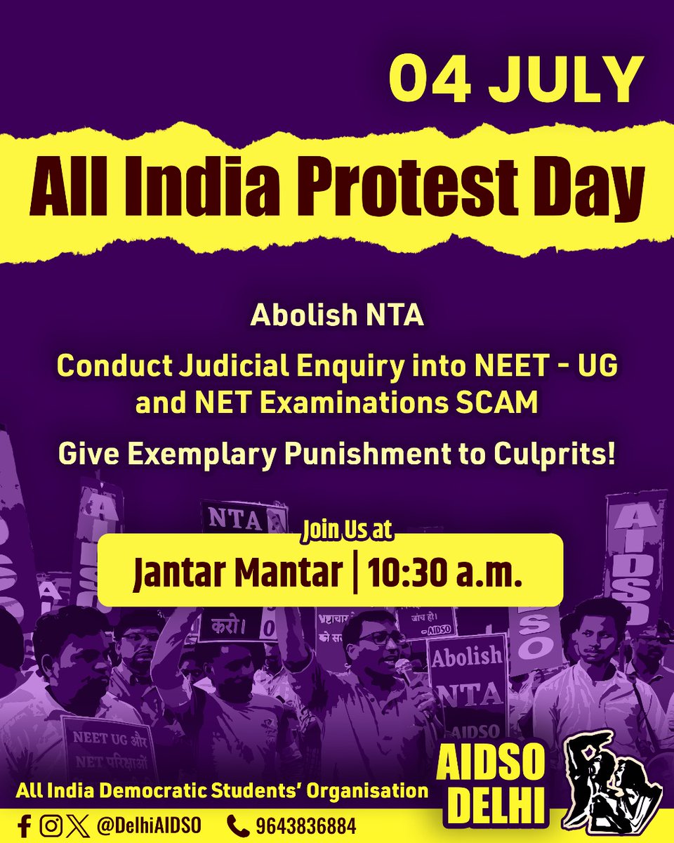 Abolish NTA 
Say no to corruption in education system 
Join in maximum numbers! 

#Protest_NEET_UG
#NEETUG
#NETExam
#AIDSO