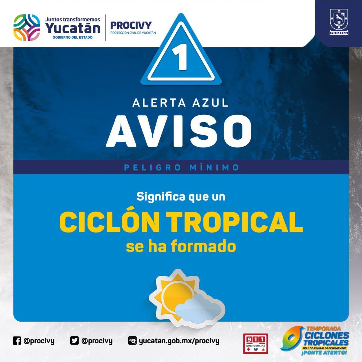procivy's tweet image. #AlertaAzul 🔵 para el Estado de #Yucatán

¿Ya sabes qué hacer ANTES de la cercanía de un #CiclónTropical?

1.-Revisa el estado de puertas, ventanas y techos. 
2.-Ten a la mano un radio, lámpara, baterías de reserva y botiquín de primeros auxilios... (1/3)