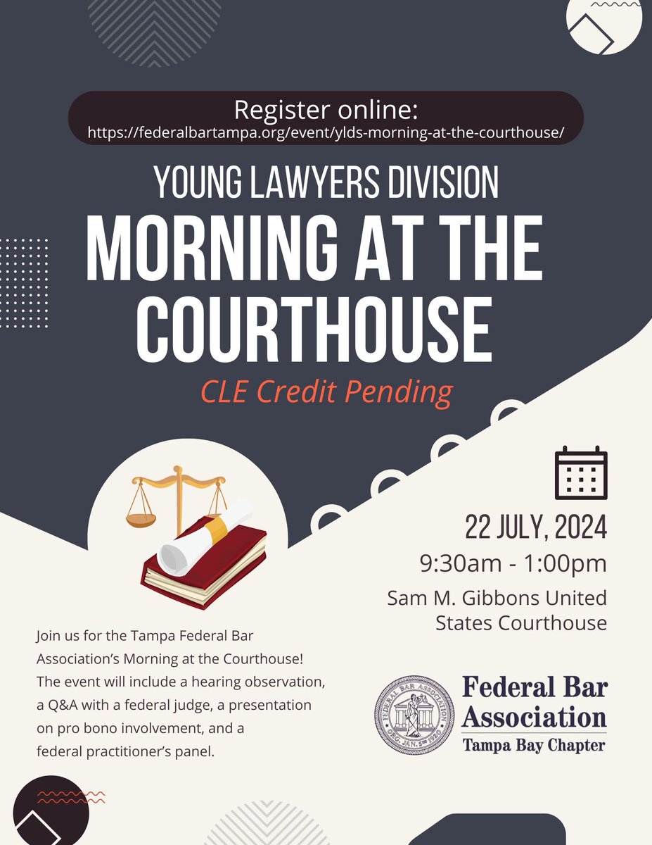 Please join our YLD on Monday, July 22, 2024, at the U.S. Courthouse in Tampa, for a thoughtful conversation about pro bono opportunities and a panel discussion about practicing in federal court. There will likely be an opportunity to observe trial, too!