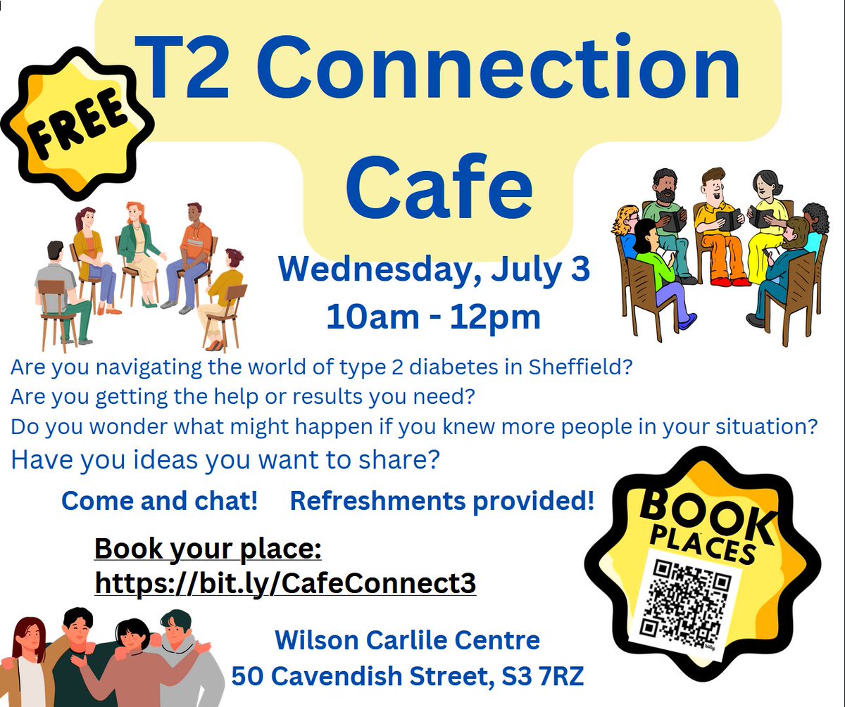 Great opportunity for people living &amp;/or working with #type2 #diabetes to meet &amp; share needs, experiences, ideas
Meet others in similar situations, connect, share &amp; learn 
Book bit.ly/CafeConnect3
<a href="/HelpSheffield/">Help Sheffield</a> <a href="/felly500/">greg fell FFPH</a> <a href="/shipshape/">Michelle</a> @DiabetesHeroes <a href="/SouthAsianHF/">SAHF.ORG.UK</a> <a href="/GBDocInfo/">GBDoc</a>