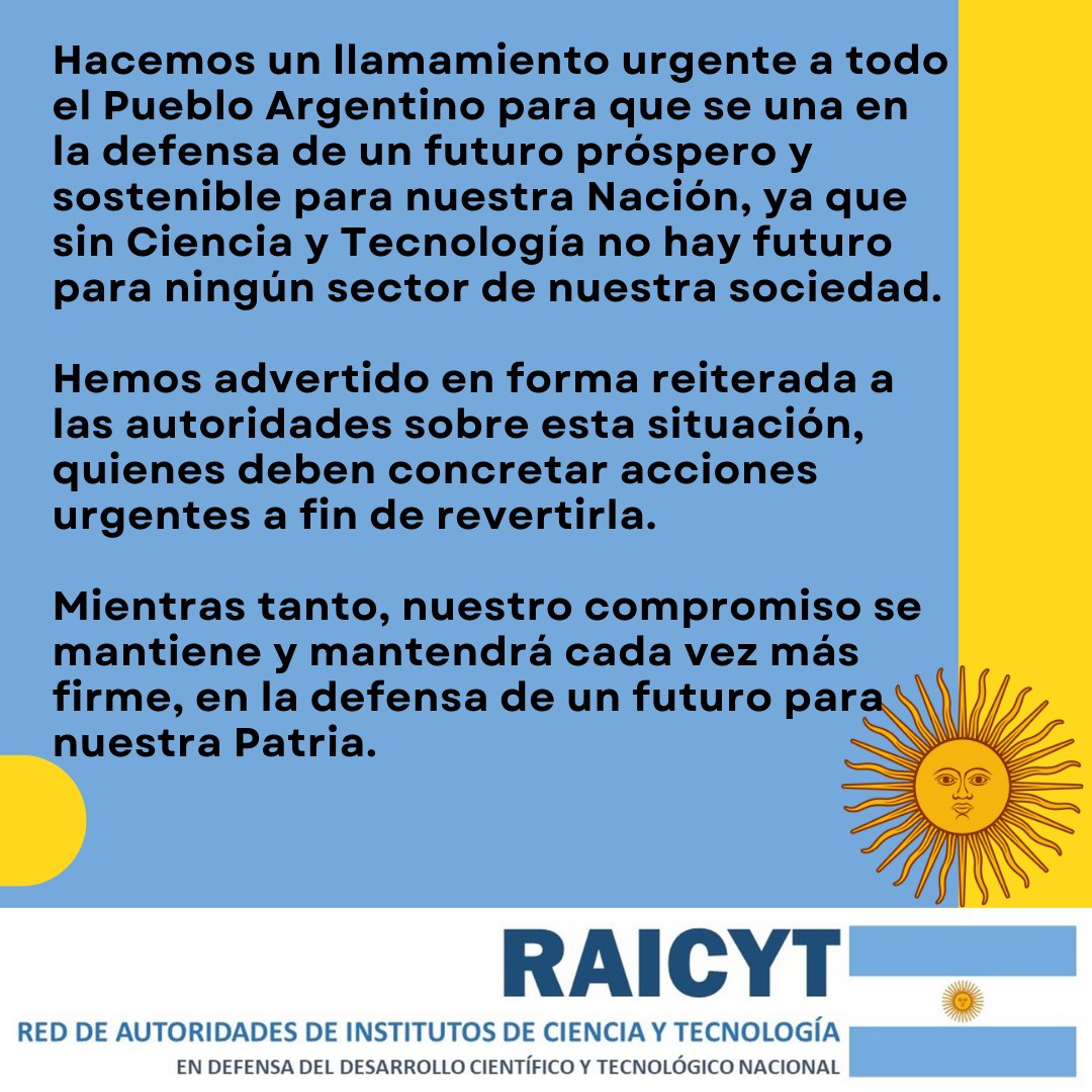 DECLARACIÓN DE RAICYT A MÁS DE 6 MESES DE GOBIERNO DEL PRESIDENTE MILEI.  III: situación financiera.  

+info: raicyt.org.ar/es/anuncios/24… 

#ParemosLaDestruccionDeLaCiencia