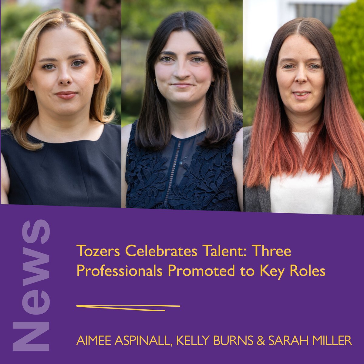 TozersLaw's tweet photo. 📣 We're thrilled to announce three promotions. Congratulations to Aimee Aspinall and Kelly Burns who have been promoted to Senior Associate and Sarah Miller, who becomes an Associate.

Find out more here. 👇

https://t.co/kIAjSRbEvQ

#Promotions #Lawyer #Careerprogression https://t.co/Q7bTGm8Ob8