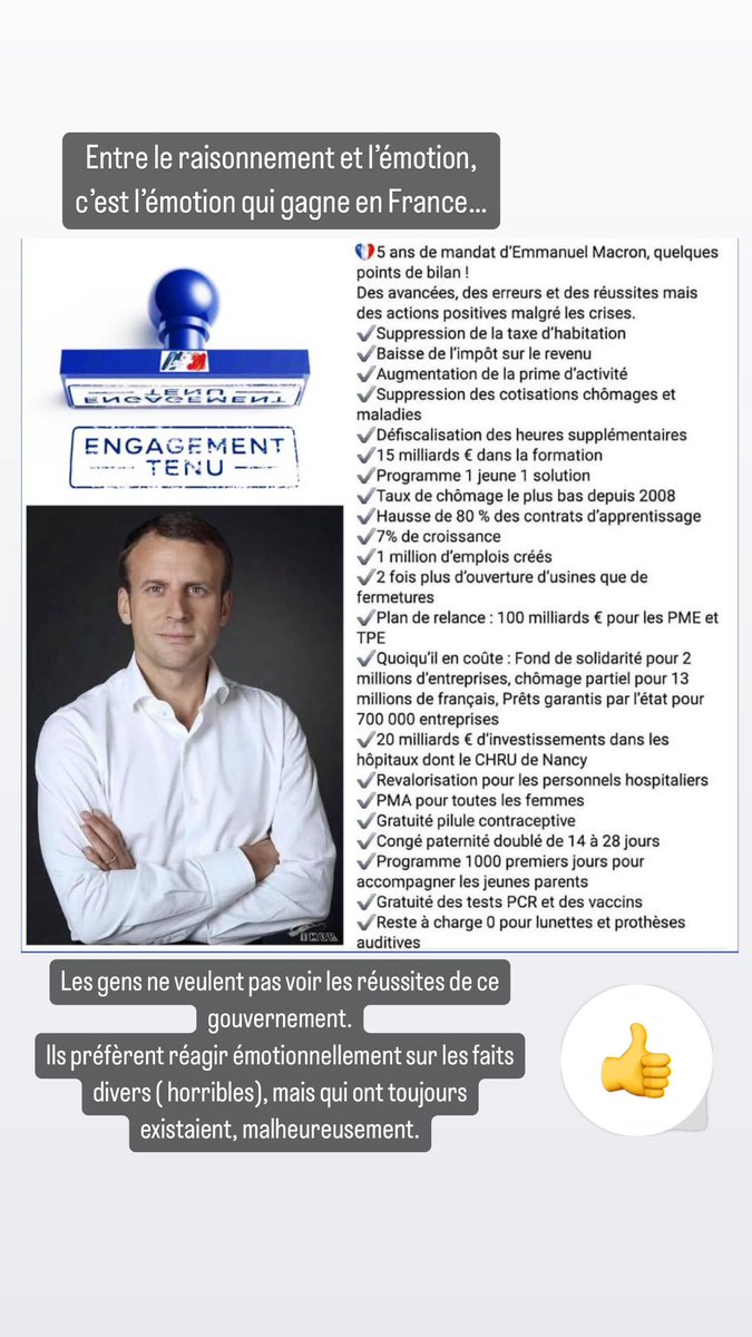 AllaPoedie's tweet image. En France, le #combat existentiel se déroule entre le raisonnement et l’émotion !

Le #raisonnement ce sont les chiffres de #baisse de chômage, de l’impôt sur le revenu, de la #suppression de la taxe d’habitation, des cotisations chômage et maladie et beaucoup d’autres #cadeaux