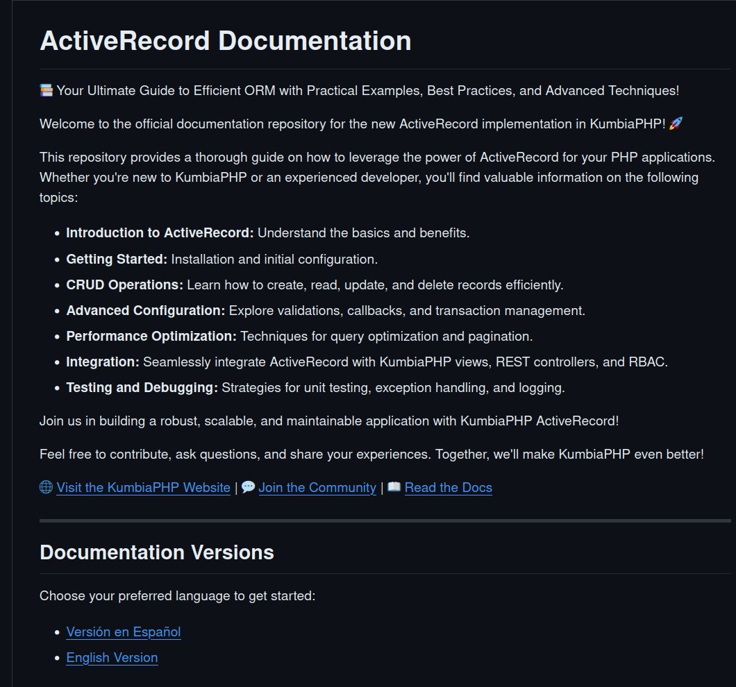 📢 ¡Estamos trabajando en el nuevo manual de ActiveRecord para KumbiaPHP! 🚀📚 Puedes seguir su desarrollo y contribuir en github.com/KumbiaPHP/Acti…. ¡Tu feedback es muy importante! 🙌 #KumbiaPHP #ActiveRecord #OpenSource
