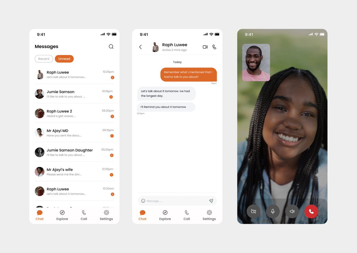 theopeolagunju's tweet photo. Day 19:
Explored messages screen, chat screen and video call screen of a Messaging App.

#uidesign #uxdesign #messageapp https://t.co/LTKNX8xGCC