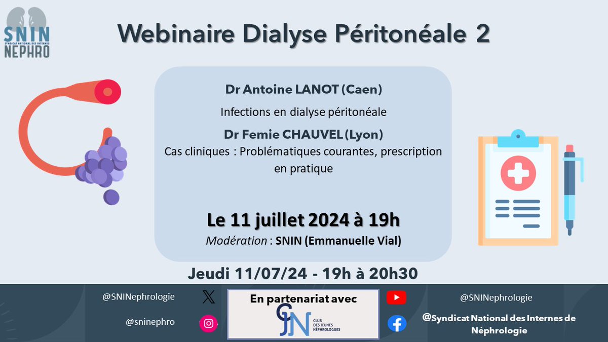 Prochain webinaire zoom le 11/07 sur la dialyse péritonéale : volet n°2 ! Au programme : infections et cas cliniques. Lien d'inscription (cette dernière étant gratuite, as usual) : forms.gle/jtyjj8SAuERUTE…
On vous y attend nombreux !🥳