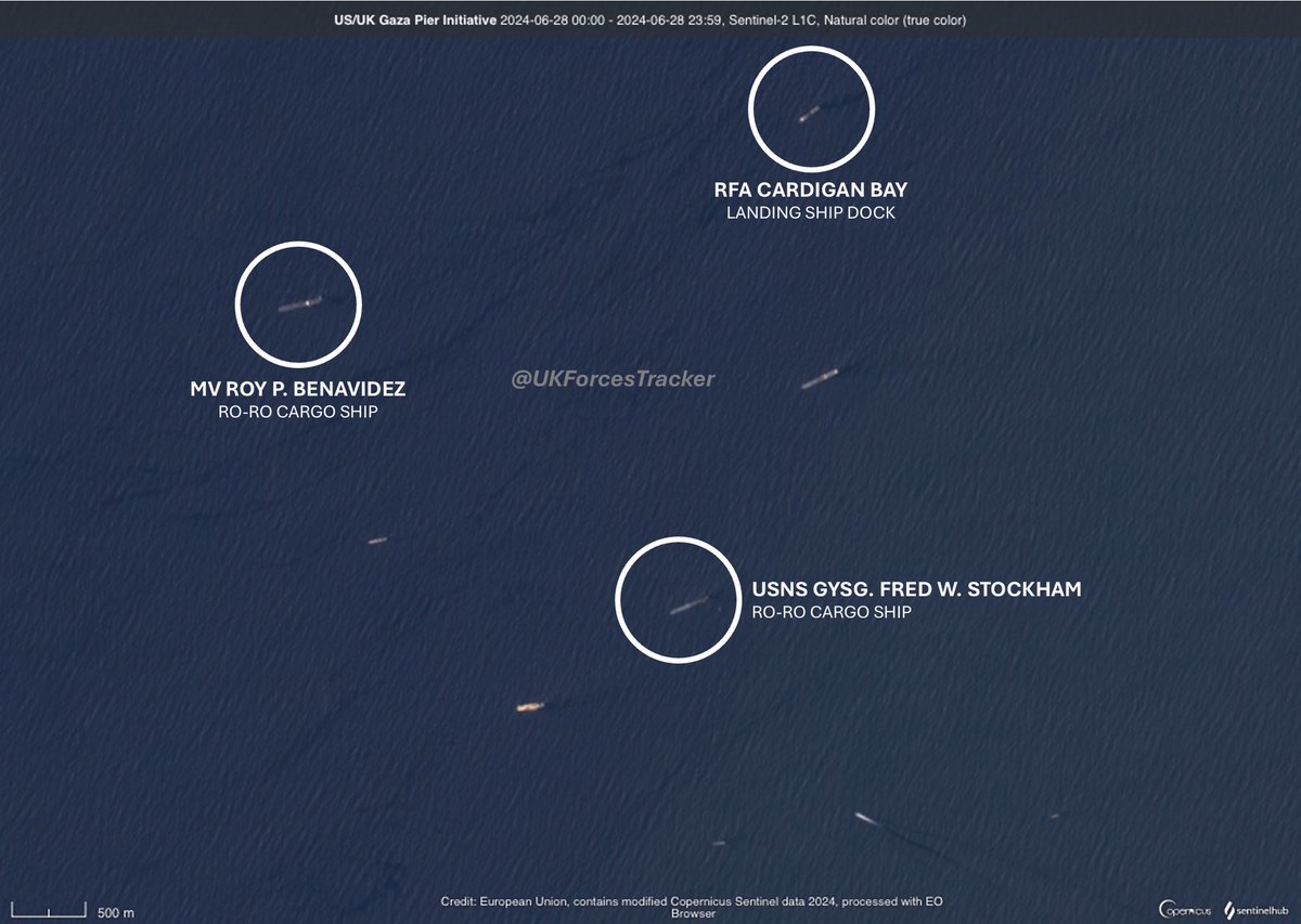 UK Forces Tracker (@ukforcestracker) on Twitter photo Satellite spot of <a href="/RFACardiganBay/">RFA Cardigan Bay</a>, MV Roy P. Benavidez and USNS GySg. Fred W. Stockham off the Gaza Coast on the 28th of June 2024.
<a href="/Schizointel/">Intelschizo</a> <a href="/TBrit90/">Britsky</a> <a href="/16windwalker16/">WINDWAIK3R</a> <a href="/MT_Anderson/">MT Anderson</a> Satellite spot of <a href="/RFACardiganBay/">RFA Cardigan Bay</a>, MV Roy P. Benavidez and USNS GySg. Fred W. Stockham off the Gaza Coast on the 28th of June 2024.
<a href="/Schizointel/">Intelschizo</a> <a href="/TBrit90/">Britsky</a> <a href="/16windwalker16/">WINDWAIK3R</a> <a href="/MT_Anderson/">MT Anderson</a>