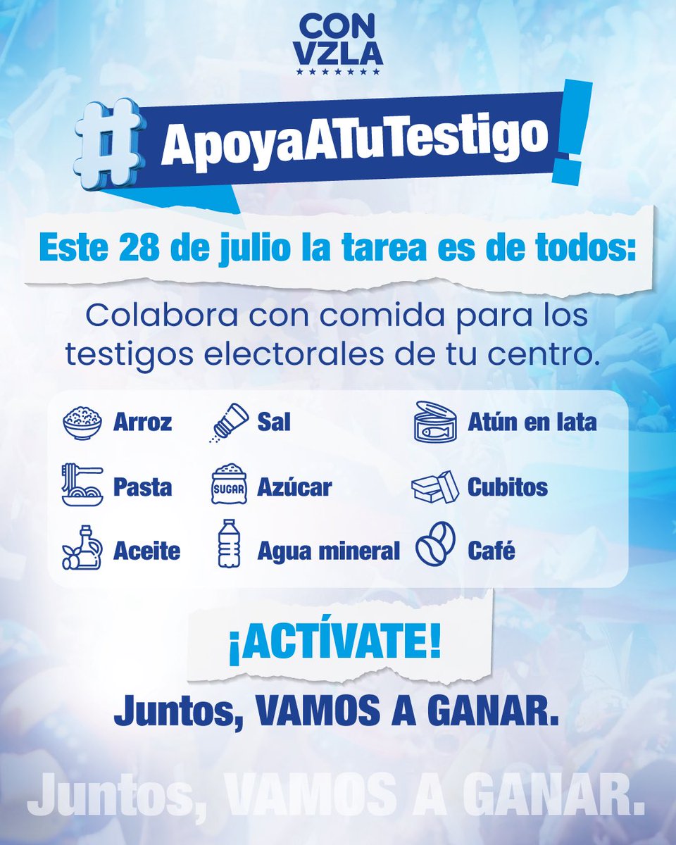 ¡Juntos vamos a ganar!🇻🇪

Este 28 de julio, #ApoyaATuTestigo
proporcionando alimentos y bebidas para el día de la elección. 

De esta manera, también puedes aportar tu granito de arena. 

Busca el centro de acopio más cercano en la cuenta del Comando Con Vzla de tu estado.