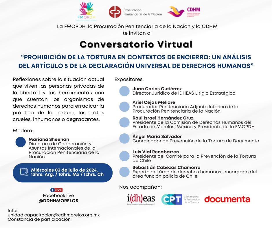 FOPDHMX's tweet photo. Te invitamos al Conversatorio Virtual “PROHIBICIÓN DE LA TORTURA EN CONTEXTOS DE ENCIERRO: UN ANÁLISIS DEL ARTÍCULO 5 DE LA DECLARACIÓN UNIVERSAL DE DDHH” en donde contaremos con grandes ponentes expertos en el tema.
Registro previo 👉https://t.co/a2ilRQsZLY https://t.co/0g7jLcQOPX