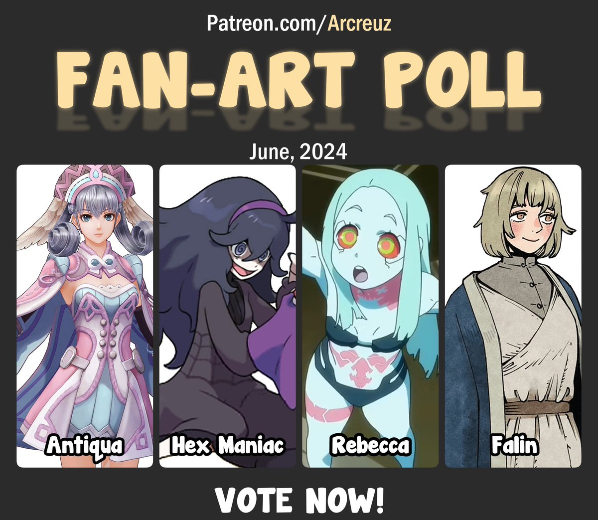 Time for my first Fan Art Poll! 🖌️ Vote on who I should draw, and I'll post it by month's end. Patreon votes count extra!