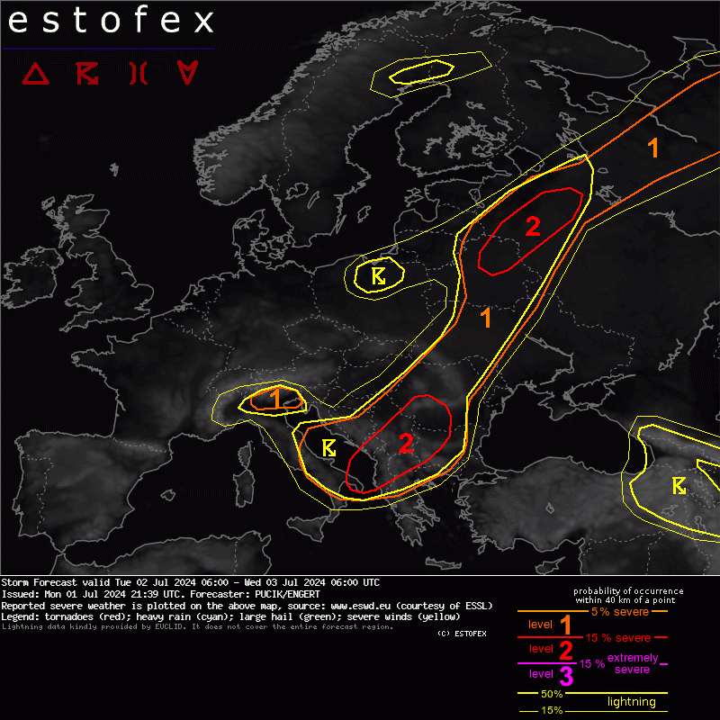 Severe weather continues across parts of S/SE and E Europe on Tuesday. The highest risk are is across S Serbia/SW Romania/NW Bulgaria, where severe to extremely severe wind gusts and very large hail will be possible. Situation over Russia is uncertain, see estofex.org