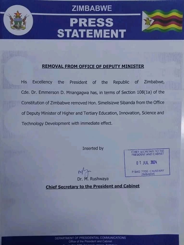 Hon S. Sibanda, the Deputy Minister of Higher &amp; Tertiary Education  sacked for representing the people of his constituency. Deployment of teachers who can't speak local languages seem to have won and the trend will now continue without consequences
