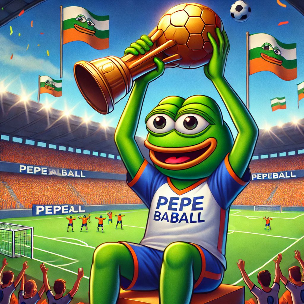 thepepeball's tweet photo. Pepe lifts the PEPEBALL trophy high! Join the winning team today. 🏆🐸⚽️ #PEPEBALL #CryptoFootball https://t.co/L7Gd1znMXz