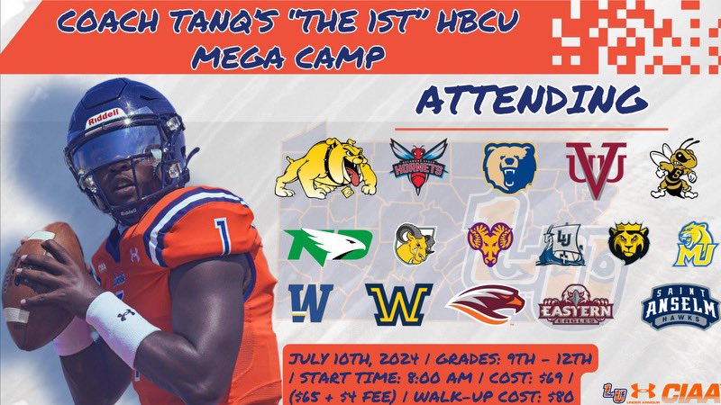 Coach Tanq’s “The 1st”HBCU Mega Camp

Click the link below to sign up! 16 colleges have confirmed so far with more to come.

🔗: register.ryzer.com/camp.cfm?sport…
⏰: July 10th
📍Lincoln University, PA

#LUPr1de #ProtectThePr1de #TheLionWay #PR1DE 

🔵🦁🟠