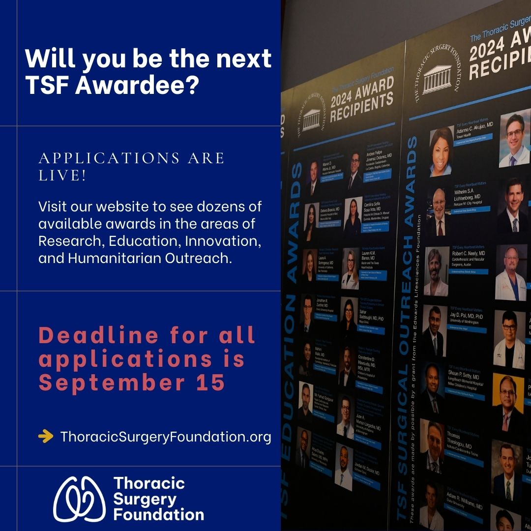 📲 Applications are now open! 📲⁠
💻 Visit our website to see many different opportunities for grants in areas like research, education, innovation, and helping others.⁠
.⁠
#ThoracicSurgeryFoundation #TSFAwardee