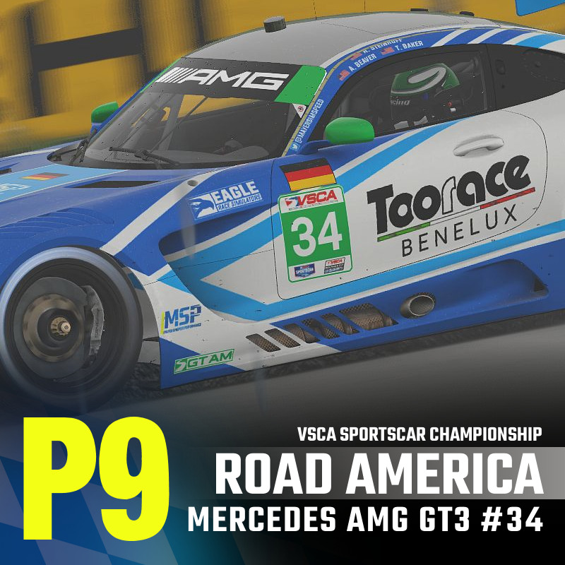 Our #34 Toorace Benelux Mercedes AMG GT3 with Kyle Birnie and Aaron Beaver finishes P9 at Road America in a chaotic race that included heavy rain and a couple of incidents for the car.

#VSCA #RoadAmerica #Mercedes #eSports