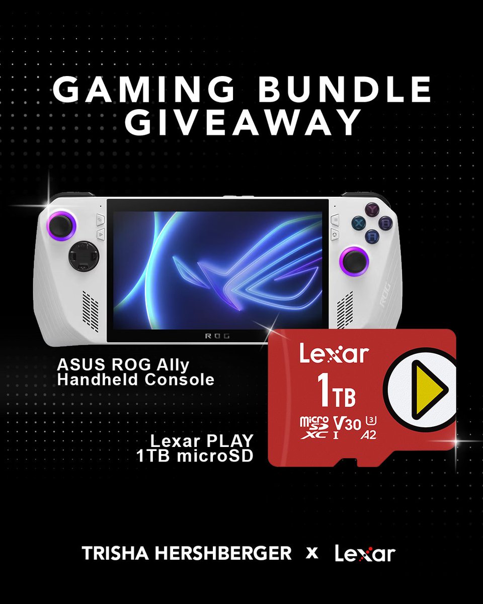 🎉 GIVEAWAY TIME🎉

WHAT: <a href="/lexarmemory/">Lexar</a> &amp; I are giving away an ASUS ROG Ally handheld gaming PC &amp; Lexar PLAY MicroSD 1TB SD card bundle to 1 lucky winner

RT and enter here: gleam.io/y9duH/asus-rog…
(worldwide, 18+, winner announced on discord)

GL everyone!