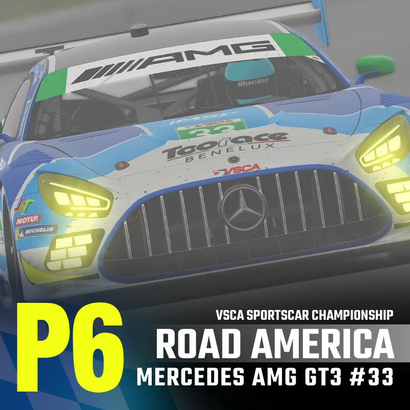 Ryan Steinhoff and Thomas Baker bring home a sixth place finish for our #33 Toorace Benelux Mercedes AMG GT3 at Road America, overcoming a difficult race in challenging weather conditions with heavy rain flooding the track.

#VSCA #RoadAmerica #Mercedes #eSports