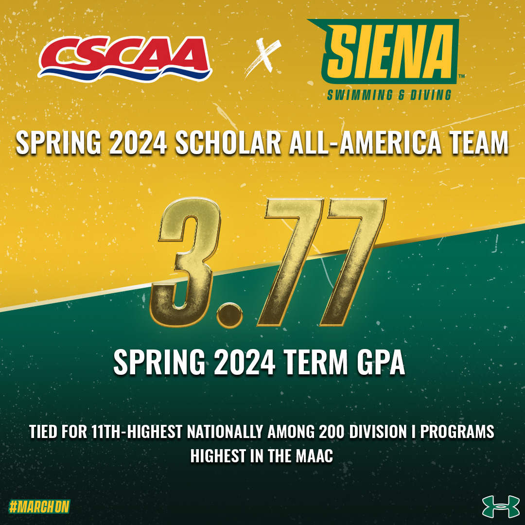 📚 🤩 Like clockwork, your #SienaSaints PASSED WITH FLYING COLORS in the classroom again ! 💪

Proud to rank tied for 1⃣1⃣th nationally in term GPA among NCAA Division 1️⃣ schools‼️

📰 t.ly/5sU5L

#MarchOn x #SienaSaints x #NCAASwim x #MAACSwim