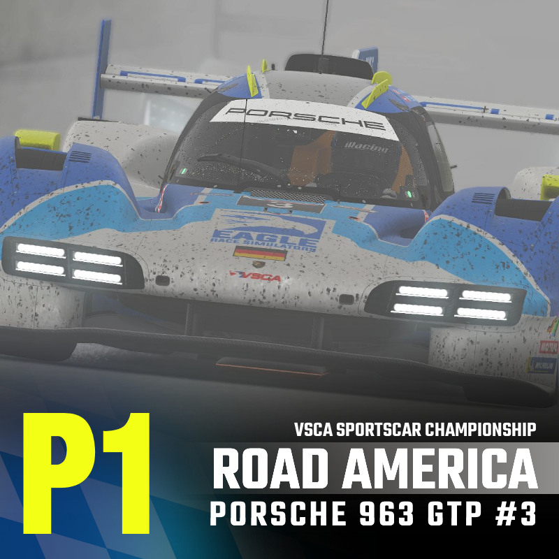 It's win number three for #3! Our #3 Eagle Race Simulators Porsche 963 wins at Road America and extends its championship lead, on the heels of an amazing drive by Niclas Pedersen and Jason Birnie.

#VSCA #RoadAmerica #Porsche #eSports