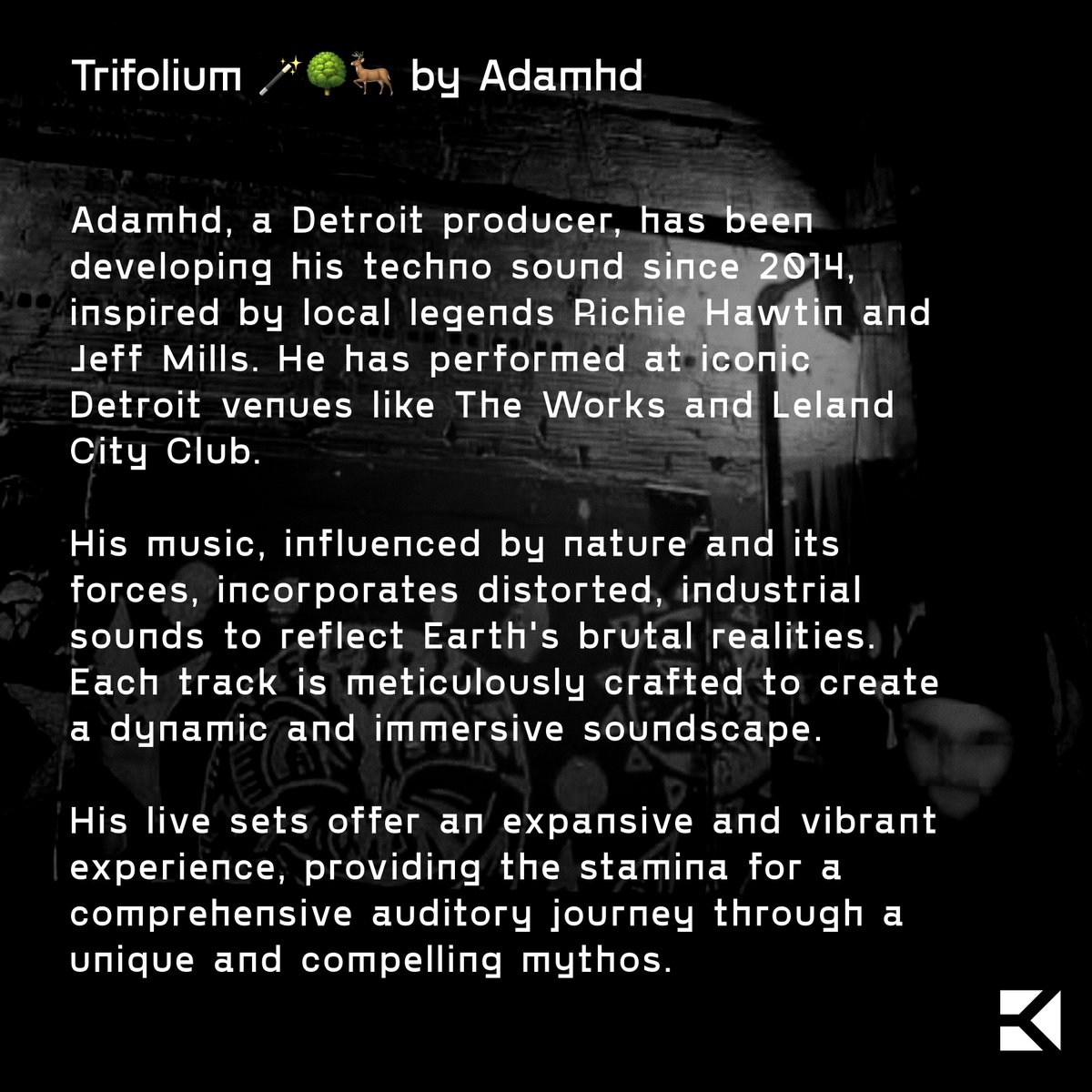 RecordsRevok's tweet photo. Trifolium 🪄🌳🦌 Adamhd
  
Free Download/ Name Your Price 
https://t.co/ISD61usSTj

#hardtechno #darktechno #undergroundtechno #industrialtechno #londontechno #experimentaltechno #gothictechno #hauntedtechno #darkravers #rvks041 https://t.co/qU87JIhseW
