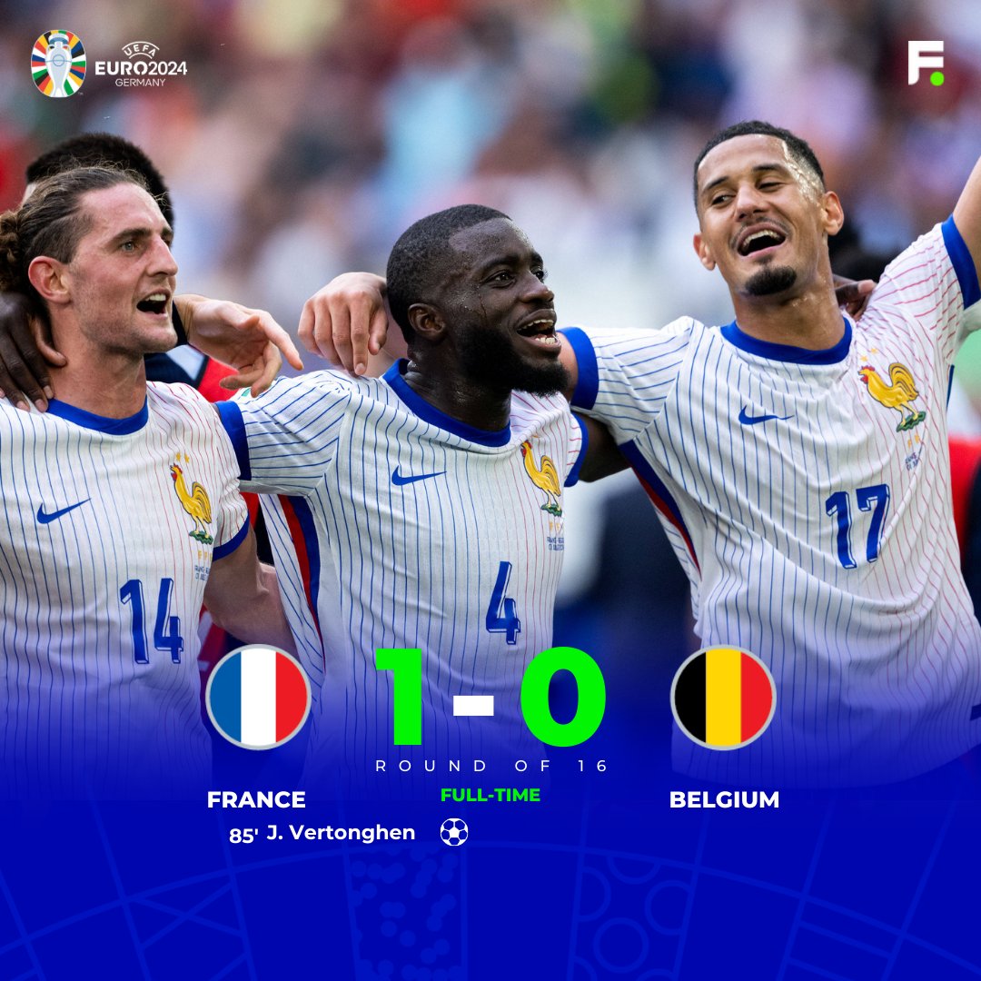 Footballcombet's tweet photo. FULL-TIME: FRANCE 1-0 BELGIUM. 🇫🇷⚽️ 

A late own-goal by Jan Vertonghen sends France through to the last eight! It wasn't pretty, but Les Bleus get the job done! 

#Euro2024 #FRAvsBEL https://t.co/NDv4RpkyYA