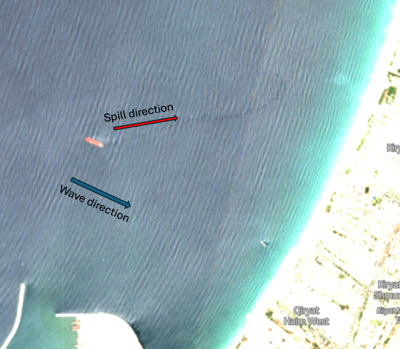 There is a red ship
The direction of the wave is moving towards azimuth 110, and the spill from the vessel is towards azimuth 80.
Any ideas why there is such a discrepancy in the direction of the spill and waves?
#waves #ocean #oceanenergy #seapollution #shipping