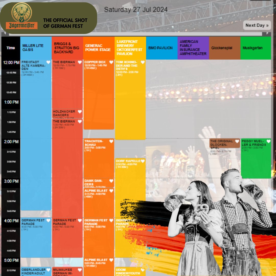 GermanFestMilw's tweet photo. 🌟Mark your calendars for German Fest 2024!

📅Dive into our online, interactive schedule for a taste of local, national, and international German entertainment! PROST! 🍻

https://t.co/R9RAyJZ0j5

*times and stages subject to change without notice*

#germanfestmilwaukee #germanfest #GermanfestMKE #Milwaukee #germanfestmke2024 #discoverwisconsin #unitedethnicfestivals #visitmilwaukee #OriginalHausParty #RaiseYourStein #traditions #wisconsinlife #juchitzer #germanfestmke2024 #discoverwisconsin #unitedethnicfestivals #BestOfTheBest #JoinTheParty #RaiseYourStein