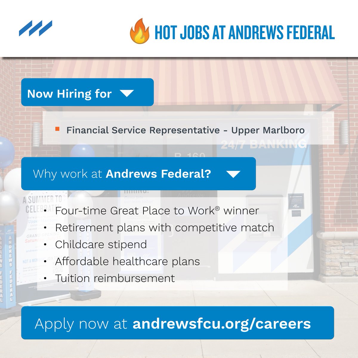 Our newest branch is now open and we need outstanding staff to fill our Financial Service Representative role. We want you to join our Upper Marlboro team! Great benefits and the chance to build a branch’s reputation from the ground up. Learn more here: bit.ly/3ycnUhe