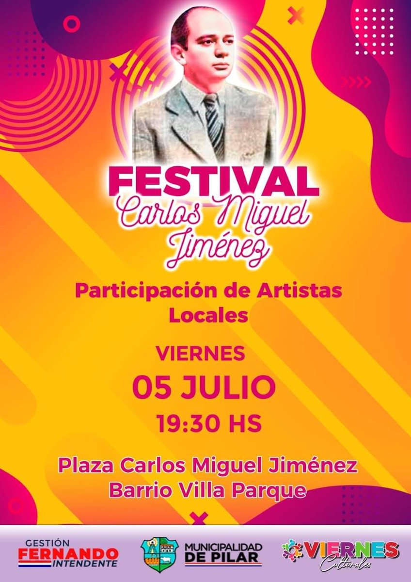 MuniPilarPy's tweet photo. #Cultura 👉 Por 3er. año consecutivo homenajearemos a nuestro vate pilarense Carlos Miguel Jiménez de la brillante oratoria y encendida pluma! ✍️📜 Los invitamos al festival a realizarse este viernes 5 de julio en la plaza del barrio #VillaParque,.. https://t.co/jyR62pVrzO