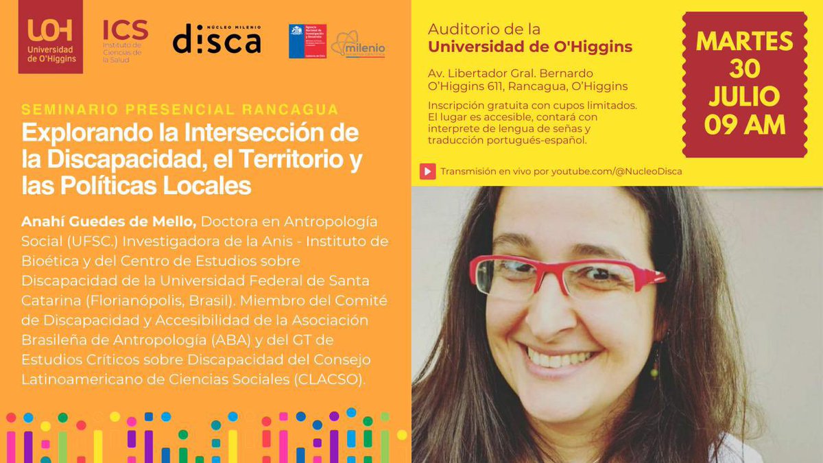 #AgendaUOH | Este martes 30 de julio se viene el Seminario: “Explorando la Intersección de la Discapacidad, el Territorio y las Políticas Locales”, organizado por el #ICSUOH, <a href="/NucleoDISCA/">Núcleo DISCA</a>. 

📲 Inscríbete 👉🏻 lc.cx/IxWyBQ
¡Nos vemos en el Campus Rancagua! 📌