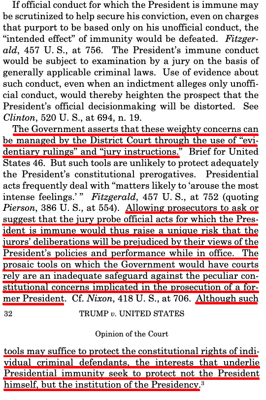 The one thing I'll note about the immunity case is that J Alito, joined by CJ Roberts, wrote about the importance and power of limiting instructions just 10 days ago. Today, limiting instructions are good enough for individual defendants but not for protecting the Presidency.
