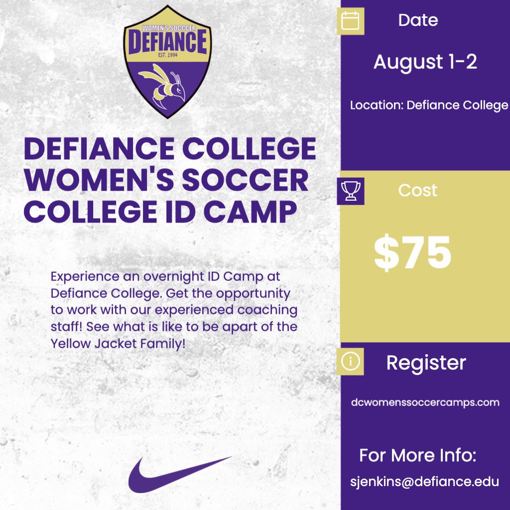 DC_WSOC's tweet photo. 🚨Come showcase your skills at the Defiance WSOC ID Camp!🚨

The 2-Day ID Camp is open to girls in 9th-12th grade as well as Junior College and College Transfers!

📅 • August 1-2
📍 Defiance College
💲 $75
📋 Registration Link in Bio

FMI:Stephen Jenkins
sjenkins@defiance.edu https://t.co/WpvOuLkjNo