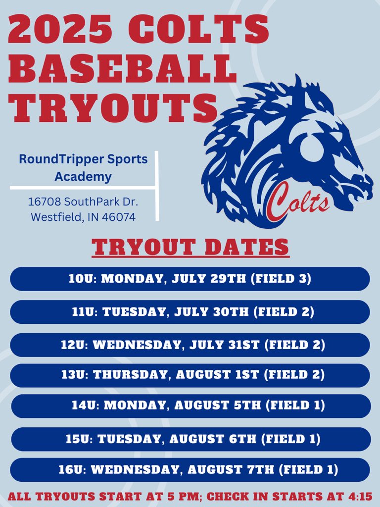 Tryouts for the 2025 Colts teams are later this month‼️

Visit coltsbaseballclub.com to sign up
