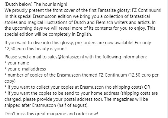 FantasizeNl's tweet image. If you have followed our social media, you'd know there's a glossy coming up for @erasmuscon2024 - that is taking place in Rotterdam (August 2024).
We have a cover reveal and a presale. Please click on the images for more information. First one is in English, the other in Dutch.