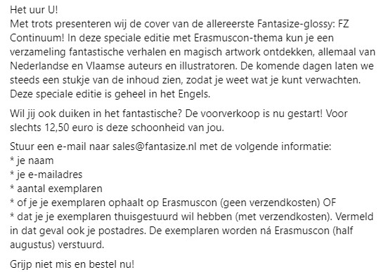 FantasizeNl's tweet image. If you have followed our social media, you'd know there's a glossy coming up for @erasmuscon2024 - that is taking place in Rotterdam (August 2024).
We have a cover reveal and a presale. Please click on the images for more information. First one is in English, the other in Dutch.