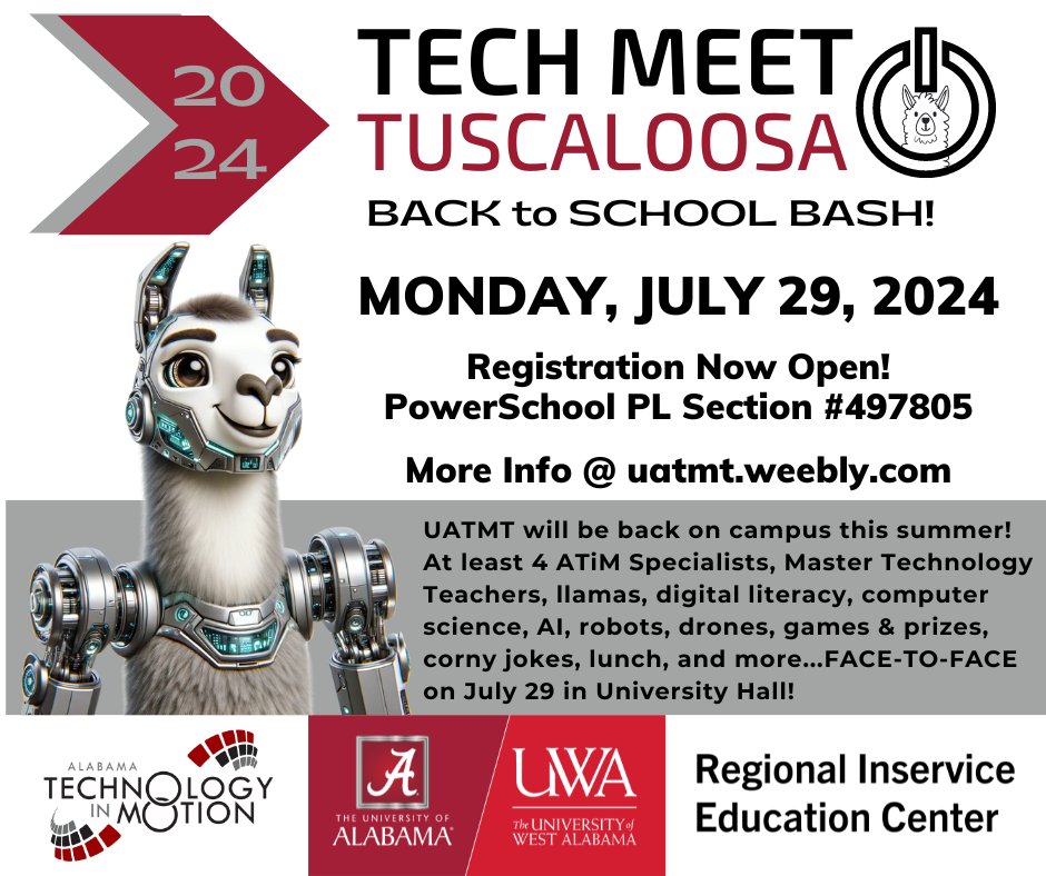 RMayben9's tweet photo. Guess who was just added as the opening keynote speaker for Tech Meet Tuscaloosa? @JeffNorris0426! What costume do you think he will wear? Llama, maybe? There are 23 seats left for registration! Join us for a fun day of learning on July 29! @ATIMPD02 @UofARIC @ALSDEEdTech #atimpd https://t.co/AqeBbb0oTb