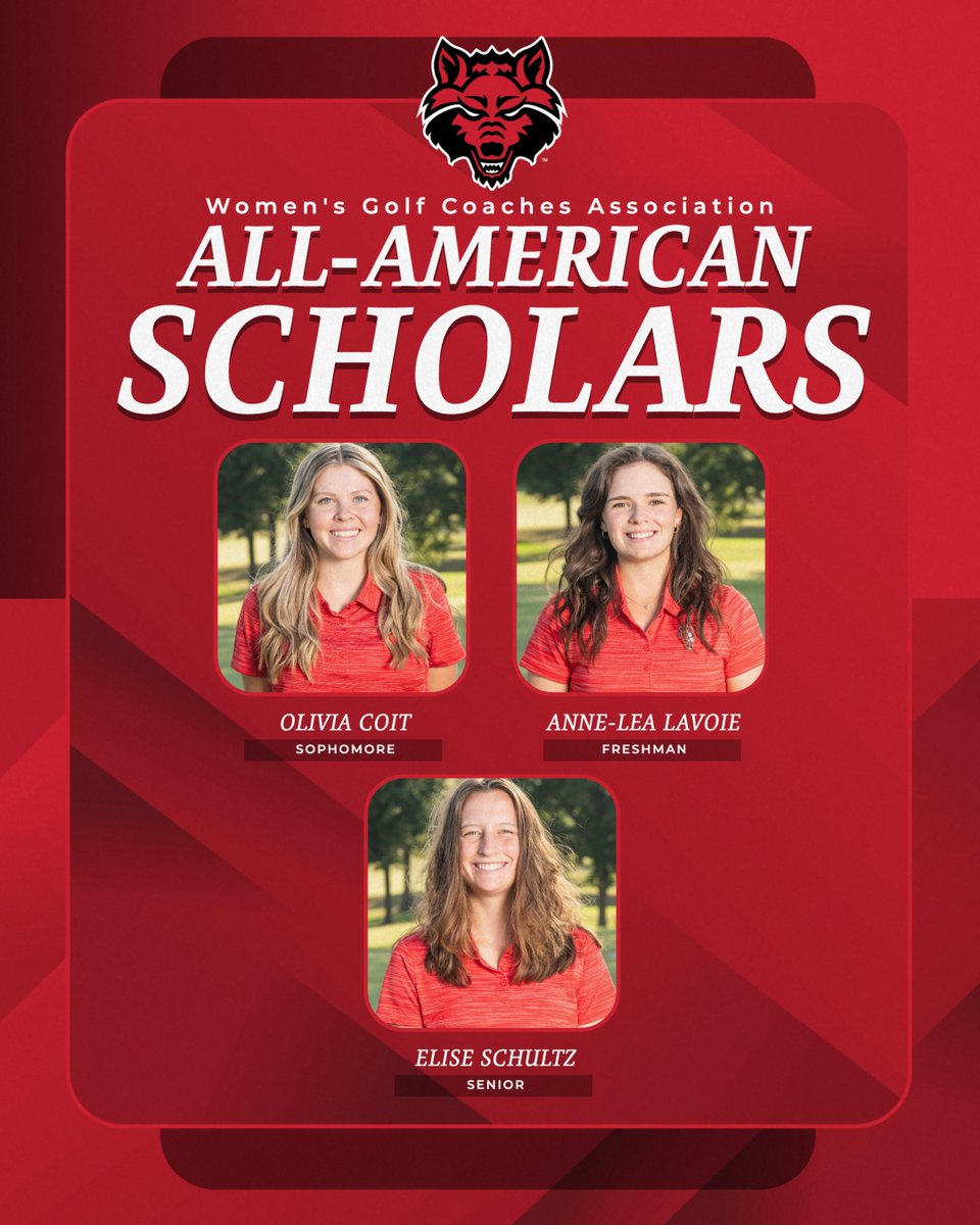 AStateWGolf's tweet photo. For the 14th consecutive year, multiple A-State student-athletes are on the @WGCAGOLF All-American Scholar list. Great work on and off the course by Olivia Coin, Anne-Lea Lavoie and Elise Schultz #WolvesUp https://t.co/5lA2D5AhWT