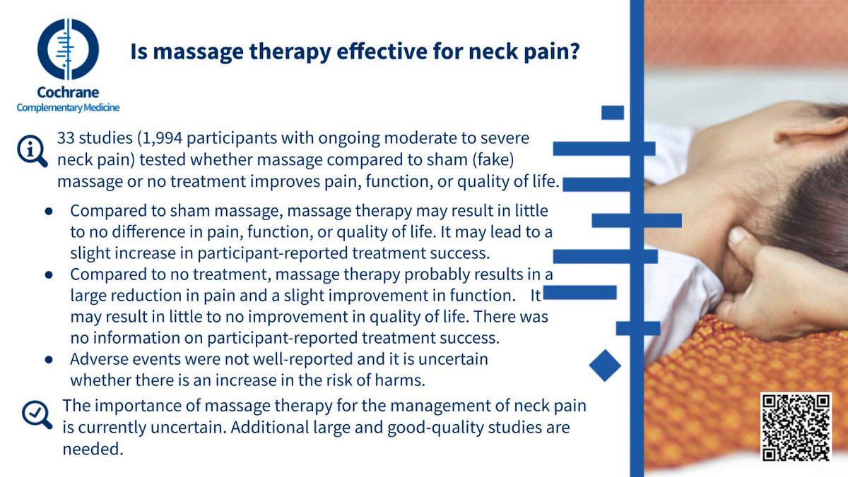Is #massagetherapy effective for #neckpain? Get the current #healthevidence picture in this <a href="/CochraneCollab/">Cochrane</a> #systematicreview:
cochranelibrary.com/cdsr/doi/10.10…

#chronicpain #painmanagement