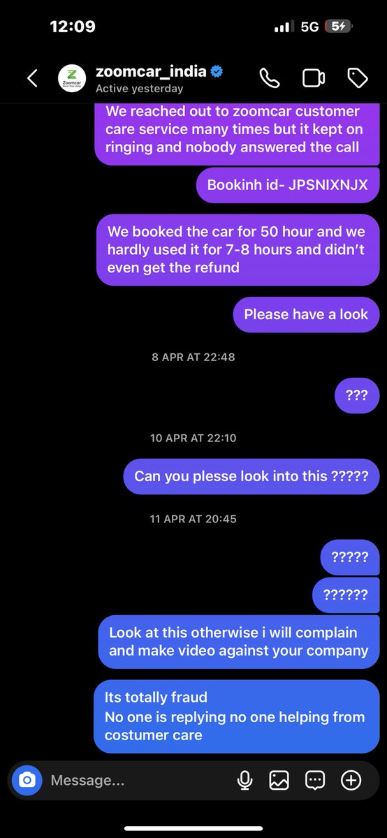 Bhai <a href="/Zoomcar_India/">Zoomcar</a> me itna bada scam ho rhaa aaj 2 month ho gyee unko ye chiz btaye hue 

But they are not taking any action 
Itni customer service sabse bekar hai 
Aaj tak 1 bhi customer care se baat nhi hui 
Phir maine instagram pe text kara and dubara unhone seen bhi ni kara