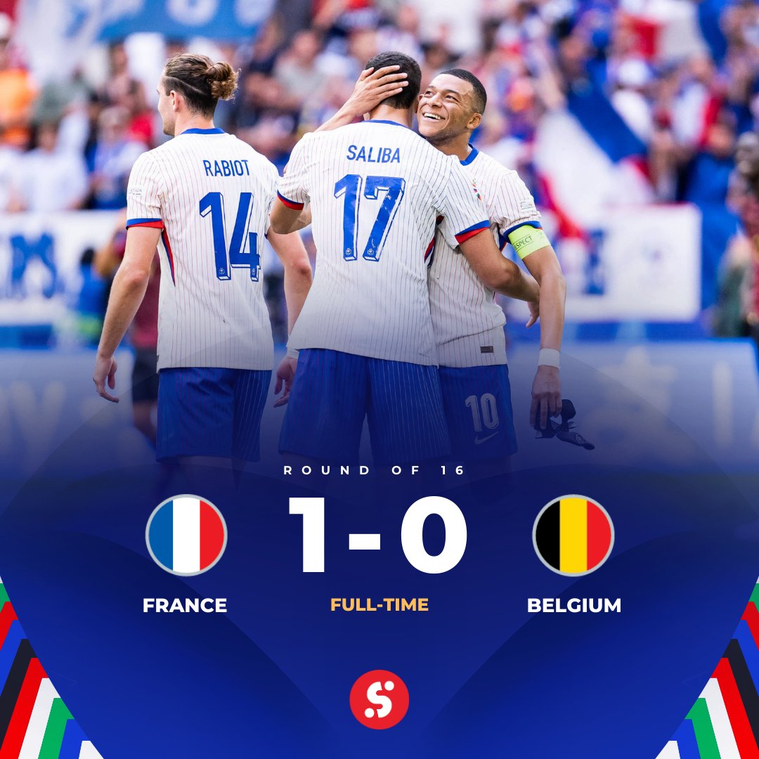 sportybetgh's tweet photo. FULL-TIME: FRANCE 1-0 BELGIUM. ⚽️

🔥 A late own-goal by Jan Vertonghen secures France's spot in the quarter-finals! 

Not the prettiest win, but Les Bleus are through! 

#Euro2024 #FRAvsBEL https://t.co/JcXo4j01Ua