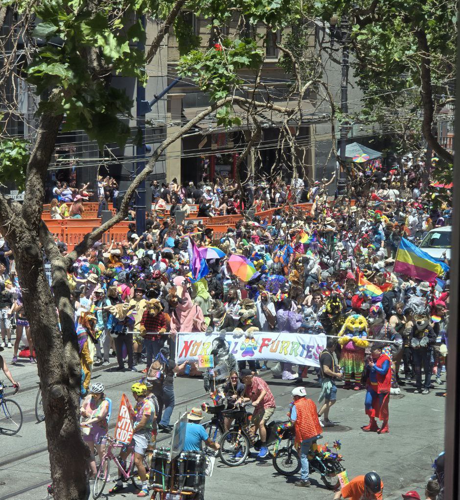 Had an amazing day yesterday marching with NorCal Furries in the SF Pride parade. So many smiles, such an uplifting experience! Big thanks to <a href="/Zoren/">Zoren Manray</a>, <a href="/RelayRaccoon/">Relay Raccoon</a> &amp; <a href="/patch_packrat/">Patch O'furr</a> and all the others for organizing all the logistics and festivities. We had a huge turnout!